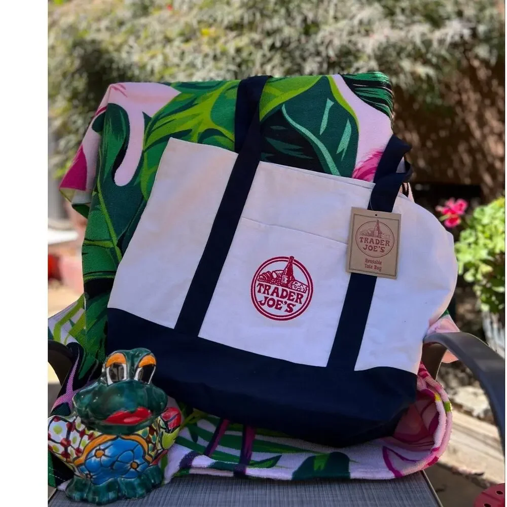 Trader Joe's Large Cotton Canvas Tote Navy Reusable Market Bag Pockets NWT